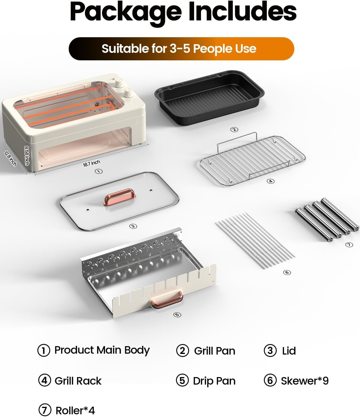 4-in-1 Electric Indoor Grill Smokeless for Home,Countertop Electric Grill with Removable Sizzle Grill Pan & Grate + Auto Rotating Kabob Skewers + Electric Hot Dog Roller Dual Zone Cooking with Lid