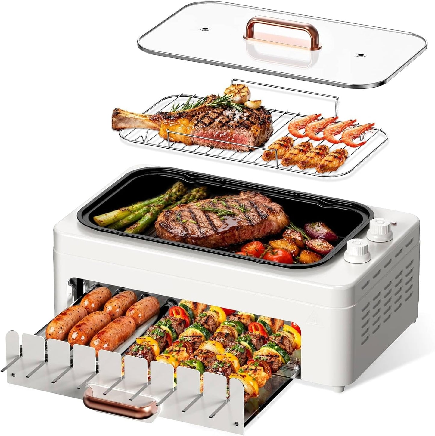 4-in-1 Electric Indoor Grill Smokeless for Home,Countertop Electric Grill with Removable Sizzle Grill Pan & Grate + Auto Rotating Kabob Skewers + Electric Hot Dog Roller Dual Zone Cooking with Lid