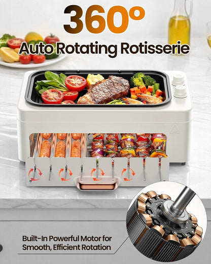 4-in-1 Electric Indoor Grill Smokeless for Home,Countertop Electric Grill with Removable Sizzle Grill Pan & Grate + Auto Rotating Kabob Skewers + Electric Hot Dog Roller Dual Zone Cooking with Lid