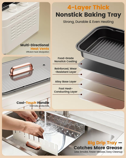 4-in-1 Electric Indoor Grill Smokeless for Home,Countertop Electric Grill with Removable Sizzle Grill Pan & Grate + Auto Rotating Kabob Skewers + Electric Hot Dog Roller Dual Zone Cooking with Lid