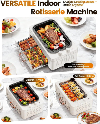 4-in-1 Electric Indoor Grill Smokeless for Home,Countertop Electric Grill with Removable Sizzle Grill Pan & Grate + Auto Rotating Kabob Skewers + Electric Hot Dog Roller Dual Zone Cooking with Lid