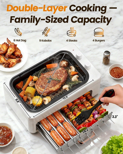 4-in-1 Electric Indoor Grill Smokeless for Home,Countertop Electric Grill with Removable Sizzle Grill Pan & Grate + Auto Rotating Kabob Skewers + Electric Hot Dog Roller Dual Zone Cooking with Lid